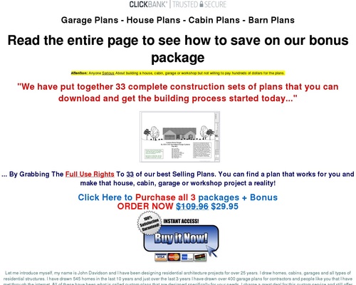 Garage, House, Cabin, Shed, Playhouse, Greenhouse & Barn Plans